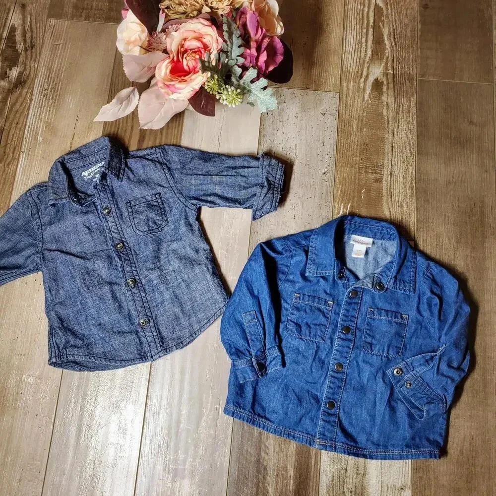 Chambray Blue Denim Baby Boy Button Down Shirt Bundle Size 6m NWOT